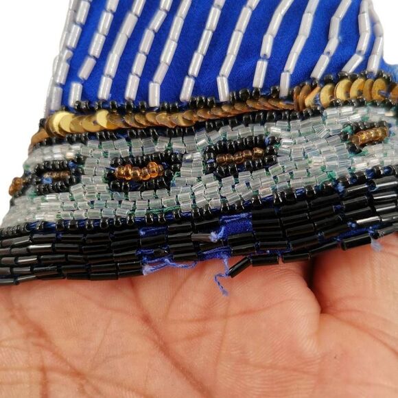 Vintage Blue Silk Beaded Jacket with Geometric Pattern | Niteline by Della Roufo - Picture 5 of 6